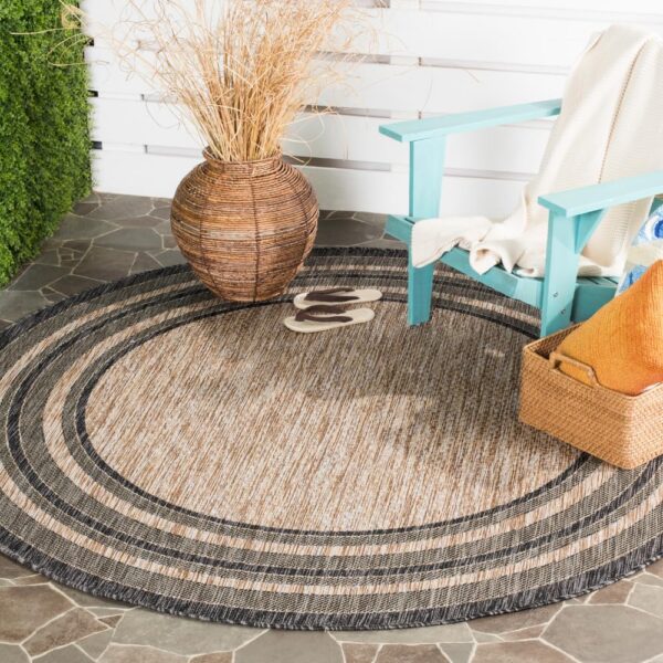 SAFAVIEH Courtyard Collection 6'7'' Round Natural / Black CY8475 Indoor/ Outdoor Patio