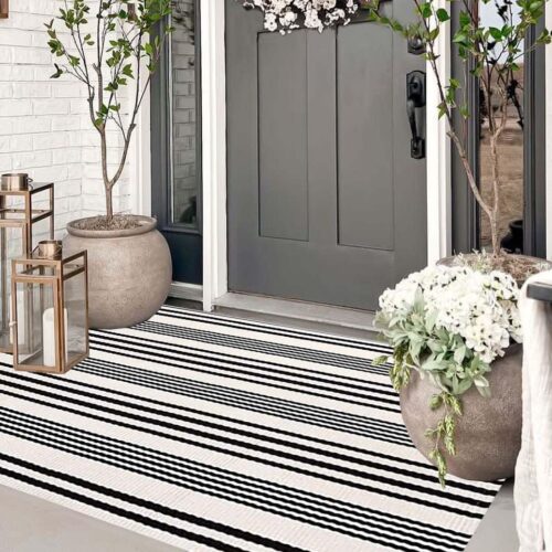 Black and White Outdoor Rug 3'x 5' Front Porch Rug Cotton Hand-Woven