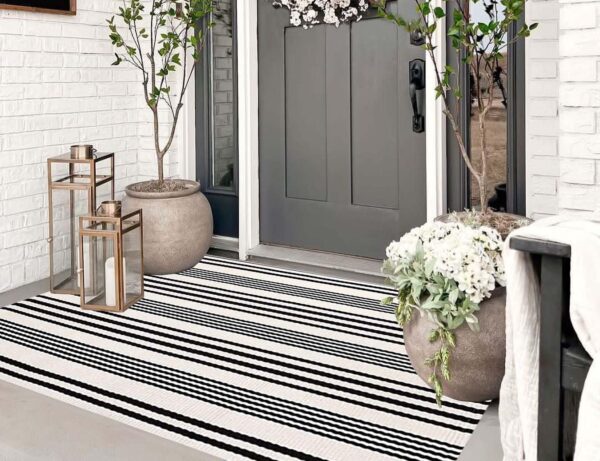 Black and White Outdoor Rug 3'x 5' Front Porch Rug Cotton Hand-Woven