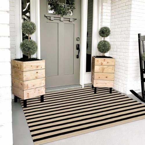 OJIA Washable Outdoor Rug 3'x5', Black and Tan Striped Outdoor Porch Rug