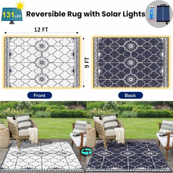 9x12Ft Outdoor Rug, Solar Powered Outdoor Rug with 131LEDs Strip Lights for