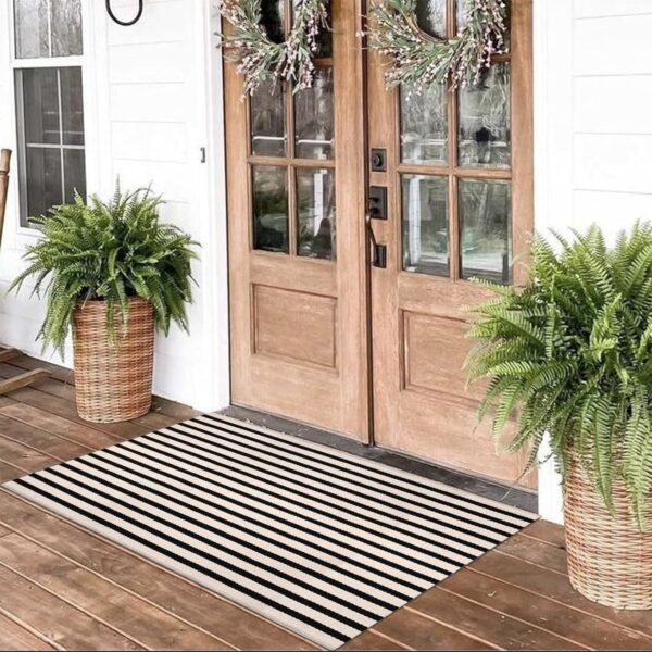 Black and White Striped Rugs, 28x43 Inches Outdoor Front Porch Doormat Cotton