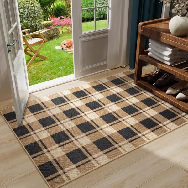 AROGAN Plaid Jute Rug 3x5, Washable Indoor Outdoor Rug, Black and Brown