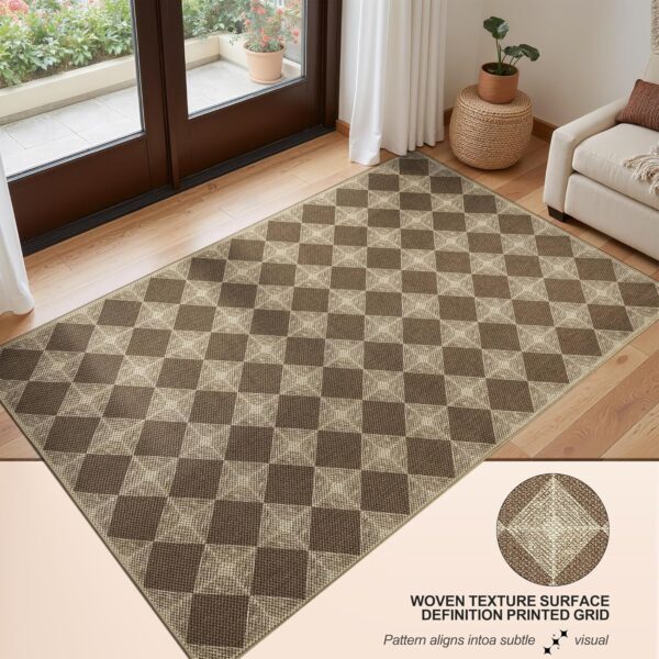 Washable Checkered Entryway Rug 3x5, Brown Easy Jute Outdoor Rug, Non-Slip Textured