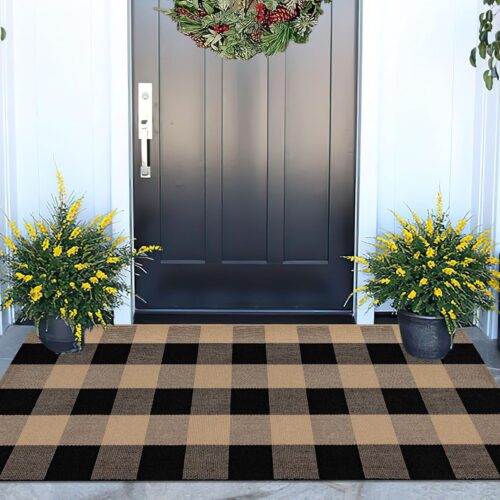 Front Porch Rug 24''x51'' Black and Tan Checkered Outdoor Rug Cotton Washable