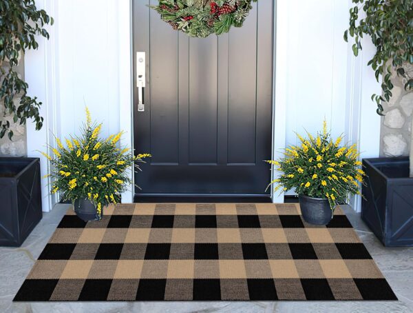 Front Porch Rug 24''x51'' Black and Tan Checkered Outdoor Rug Cotton Washable