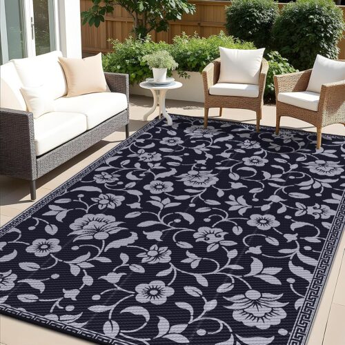 OLANLY Waterproof Outdoor Rug 6x9 ft, Outdoor Plastic Straw Rug with Flower