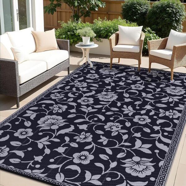 OLANLY Waterproof Outdoor Rug 6x9 ft, Outdoor Plastic Straw Rug with Flower