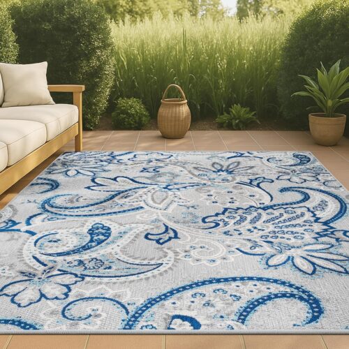 JONATHAN Y Paisley High-Low Indoor Outdoor Area Rug 4X6 Light Gray/Blue, Gordes