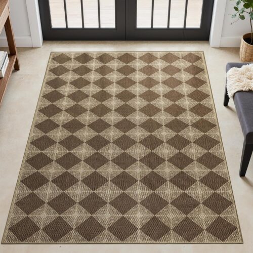 Washable Checkered Entryway Rug 3x5, Brown Easy Jute Outdoor Rug, Non-Slip Textured