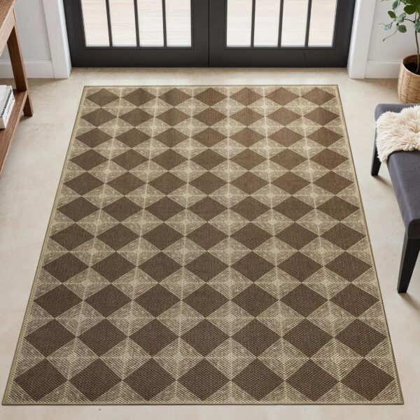 Washable Checkered Entryway Rug 3x5, Brown Easy Jute Outdoor Rug, Non-Slip Textured