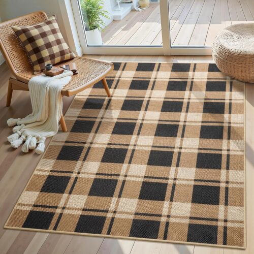 AROGAN Plaid Jute Rug 3x5, Washable Indoor Outdoor Rug, Black and Brown