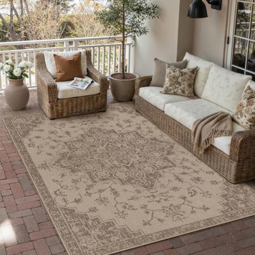 Easy Jute 5x7 Area Rug Washable Brown Neutral Floral Indoor Outdoor Rug